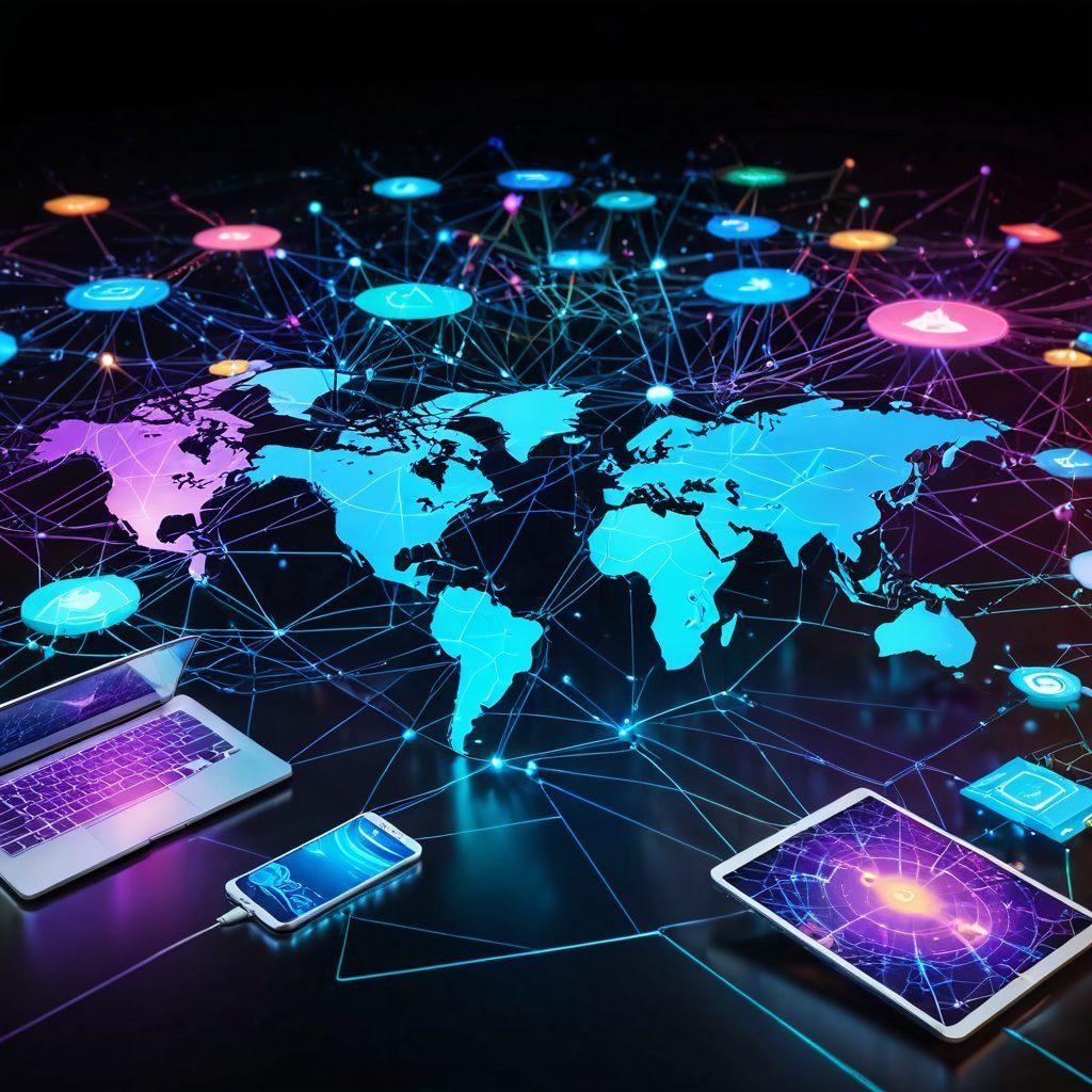 A futuristic digital landscape with interconnected devices, data streams flowing between them, and glowing world map nodes representing global connections. Various tools like web browsers, coding software, and analytics charts floating around in a virtual space filled with holographic elements. Vibrant colors. super-realistic.