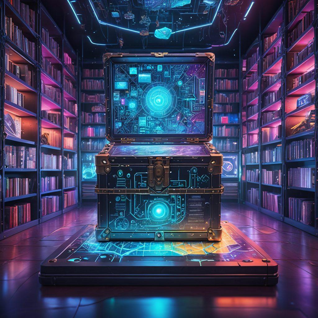 A vibrant, intricately detailed treasure chest overflowing with digital gadgets like tablets, laptops, and smartphones, all displaying different essential websites. Surround the chest with a holographic map highlighting various niches on the web. The background should be a futuristic cyber library with glowing bookshelves. cyberpunk. vibrant colors.