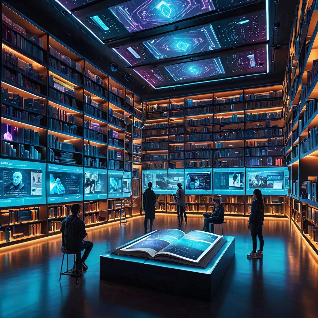 A futuristic digital library with holographic books and a diverse range of people exploring various online resources on floating screens. A bright, interconnected web of data streams linking everything together, symbolizing limitless knowledge. vibrant colors. cyberpunk. super-realistic.